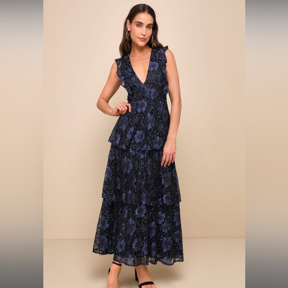 Lulu's Molinetto Navy Blue Lace Ruffled Tiered Sleeveless Maxi Dress